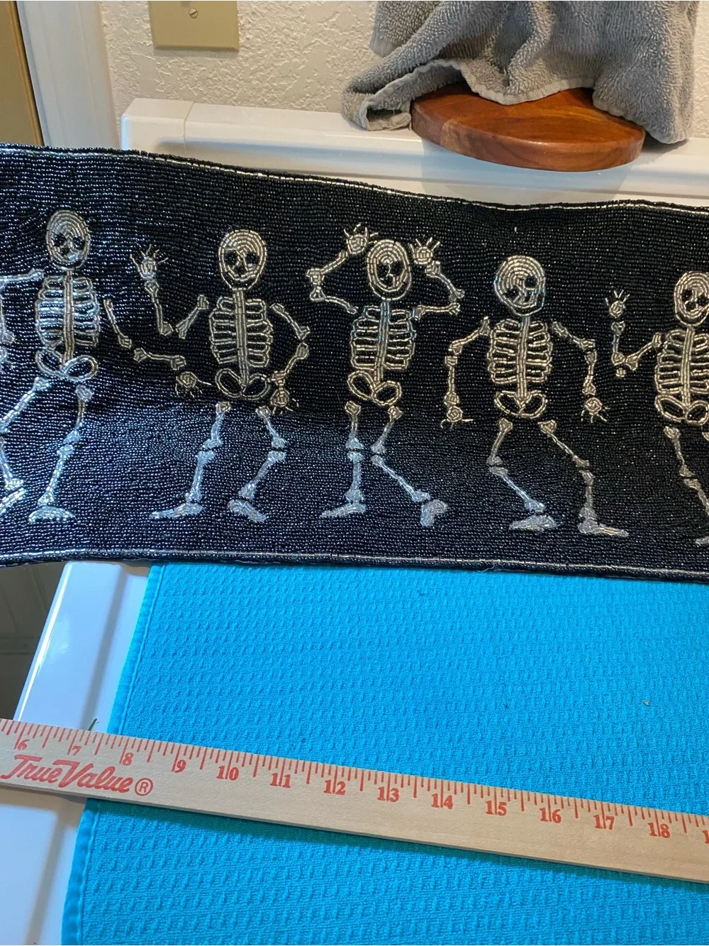 Table Runner Halloween Beaded “Dancing Skeletons” 13x36 Black/Sliver NWT